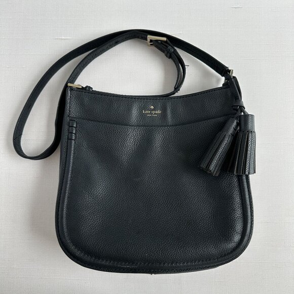 Kate Spade Black Leather Crossbody Shoulder Bag with Tassel, Adjustable Strap - Picture 1 of 11
